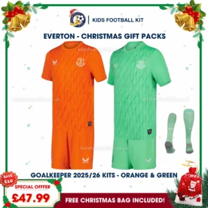 Everton Gift Pack - 2 Goalkeeper Kids Football Kits 2025/26 - Orange and Green