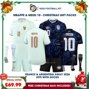 France and Argentina Gift Pack – World Cup 2026 Away Kids Football Kit – MBAPPE 10 and MESSI 10 (With socks)