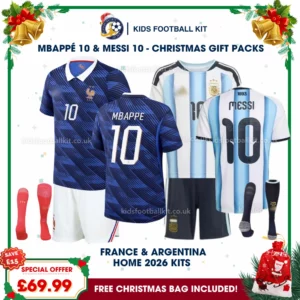 France and Argentina Gift Pack – World Cup 2026 Home Kids Football Kit – MBAPPE 10 and MESSI 10 (With socks)
