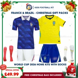 France and Brazil Gift Pack – World Cup 2026 Home Kids Football Kit (With Socks)