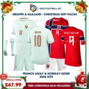 France and Norway Gift Pack – World Cup 2026 Away and Home Kids Football Kit – MBAPPE 10 and BRAUT HAALAND 9