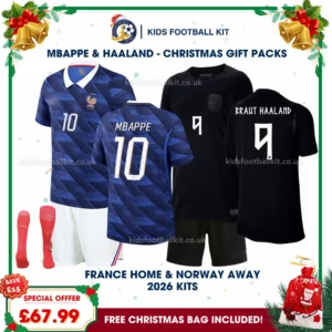 France and Norway Gift Pack – World Cup 2026 Home and Away Kids Football Kit – MBAPPE 10 and BRAUT HAALAND 9