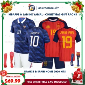 France and Spain World Cup Champions 2026 Gift Pack – Home Kids Football Kit – MBAPPE 10 and LAMINE YAMAL 19 (With socks)