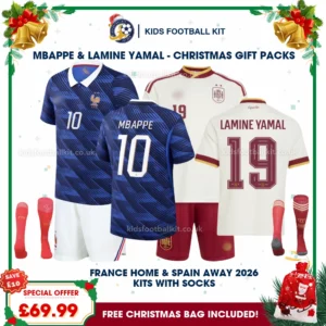 France and Spain World Cup Champions 2026 Gift Pack – Home and Away Kids Football Kit – MBAPPE 10 and LAMINE YAMAL 19 (With socks)