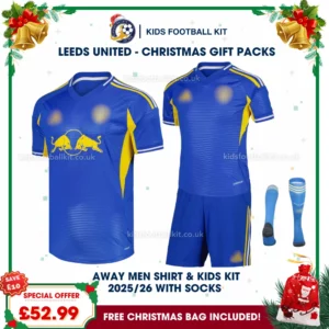Leeds United Gift Pack – Away Dad Shirt and Son Kids Football Kit 2025/26 (With socks)