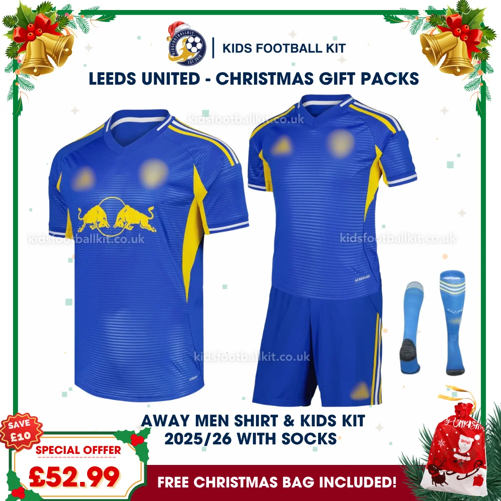 Leeds United Gift Pack – Away Dad Shirt and Son Kids Football Kit 2025/26 (With socks)