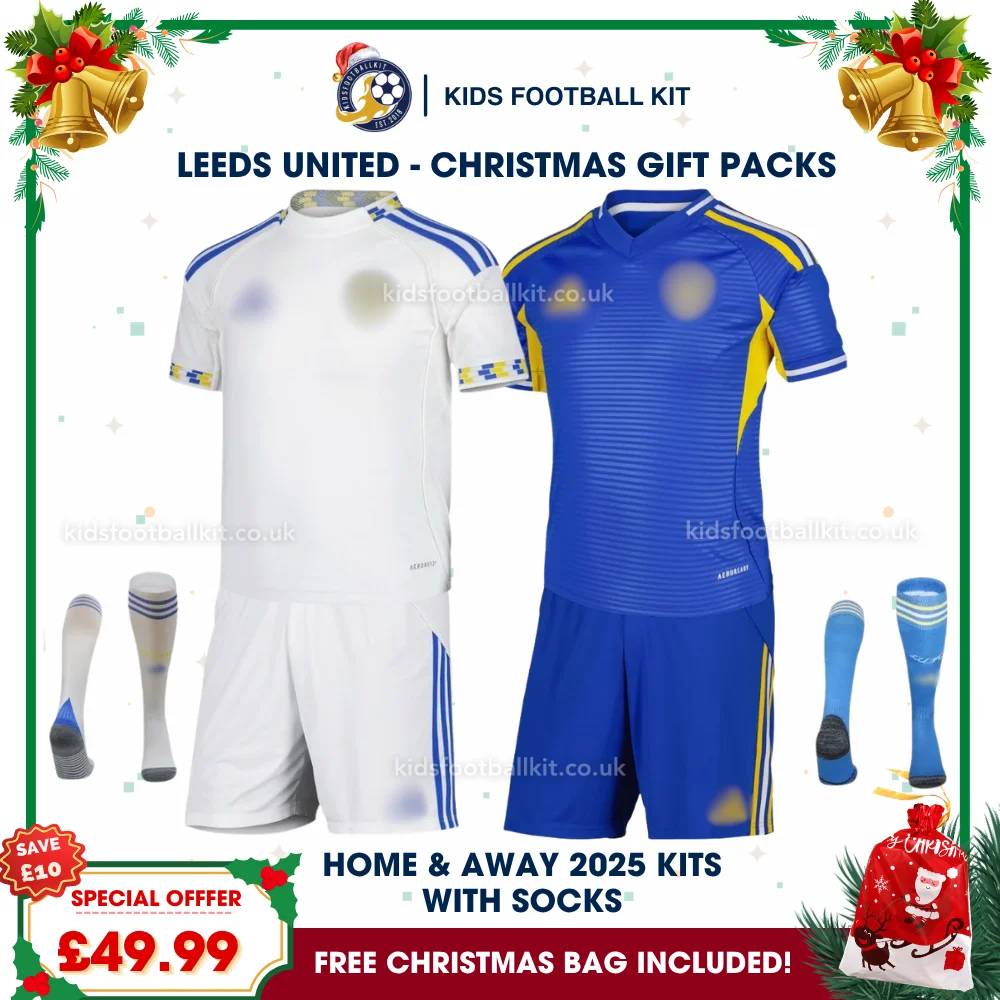 Leeds United Gift Pack – Home & Away Kids Football Kit 2025/26 (With socks)