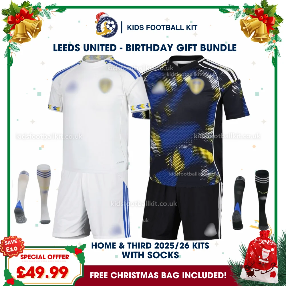 Leeds United Gift Pack – Home and Third Kids Football Kit 2025/26 (With socks)
