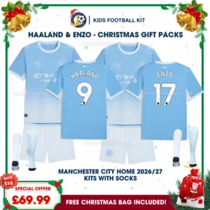 Manchester City Gift Pack – 2 Home Kids Football Kits 2026/27 - HAALAND 9 and ENZO 17 (With socks)