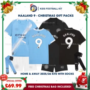Manchester City Gift Pack – Home and Away Kids Football Kit 2025/26 - HAALAND 9 (With socks)