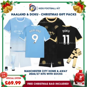 Manchester City Gift Pack – Home and Away Kids Football Kit 2026/27 - HAALAND 9 and DOKU 11 (With socks)