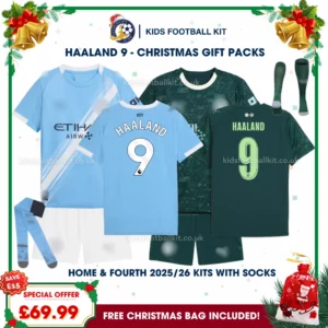 Manchester City Gift Pack – Home and Fourth Kids Football Kit 2025/26 - HAALAND 9 (With socks)