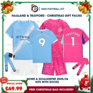 Manchester City Gift Pack – Home and Goalkeeper Kids Football Kit 2025/26 (With socks) - HAALAND 9 and TRAFFORD 1