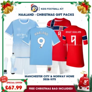 Manchester City and Norway Gift Pack – Home Kids Football Kit 2026 - HAALAND 9 and BRAUT HAALAND 9