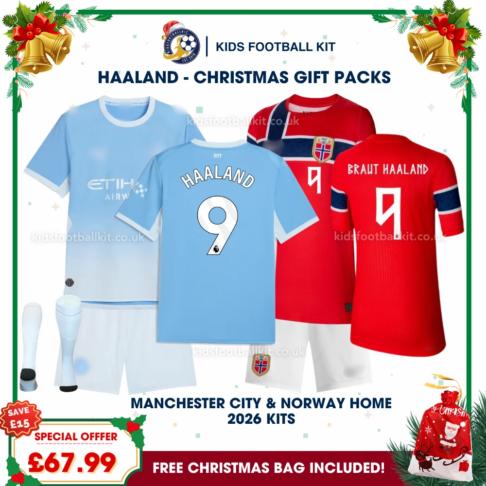 Manchester City and Norway Gift Pack – Home Kids Football Kit 2026 – HAALAND 9 and BRAUT HAALAND 9