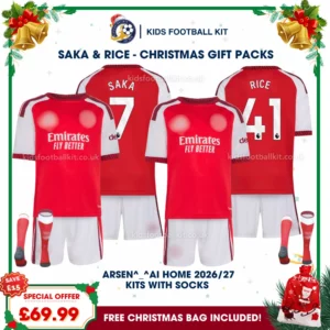 North London Red Gift Pack – 2 Home Kids Football Kits 2026/27 - SAKA 7 and RICE 41 (With socks)