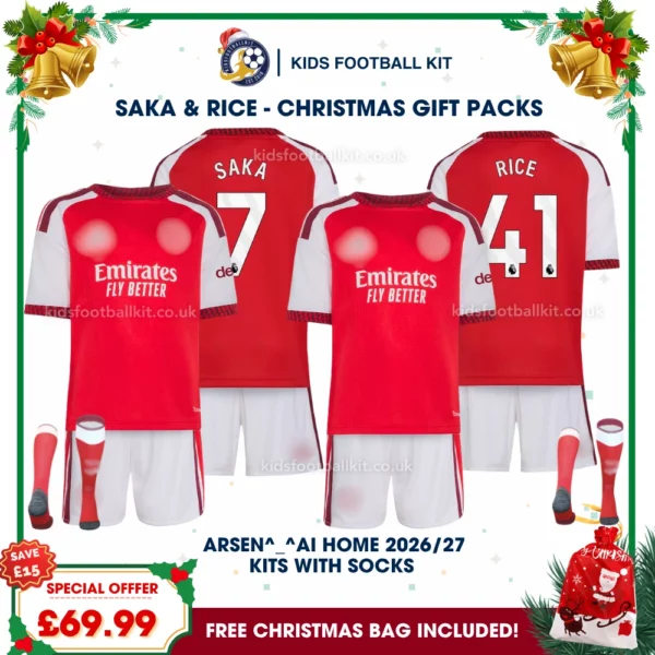 North London Red Gift Pack – 2 Home Kids Football Kits 2026/27 - SAKA 7 and RICE 41 (With socks)