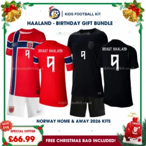 Norway World Cup 2026 Gift Pack – Home and Away Kids Football Kit - BRAUT HAALAND 9 (No socks)