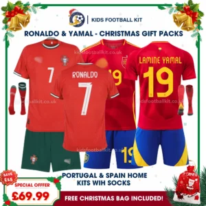 Portugal & Spain Gift Pack – Kids Football Kit 2024_25 – RONALDO 7 & LAMINE YAMAL 19 (With Socks)