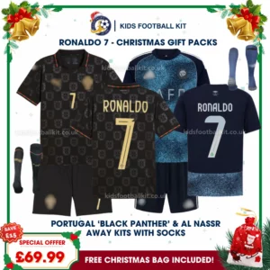 Portugal World Cup 2026 and Al Nassr Gift Pack – "Black Panther" Edition and Away Kids Football Kit - RONALDO 7 (With socks)