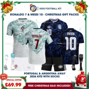 Portugal and Argentina Gift Pack - World Cup 2026 Away Kids Football Kit - RONALDO 7 and MESSI 10 (With socks)