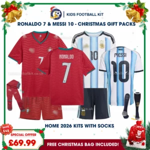 Portugal and Argentina Gift Pack - World Cup 2026 Home Kids Football Kit - RONALDO 7 and MESSI 10 (With socks)