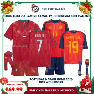 Portugal and Spain Gift Pack – World Cup 2026 Home Kids Football Kit – RONALDO 7 and LAMINE YAMAL 19 (With Socks)