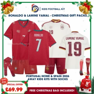 Portugal and Spain Gift Pack – World Cup 2026 Home and Away Kids Football Kit – RONALDO 7 and LAMINE YAMAL 19 (With Socks)