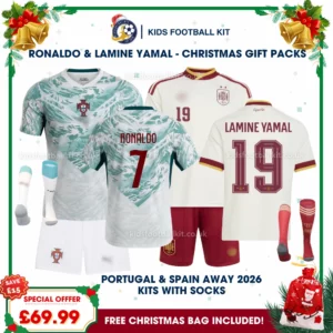 Portugal and Spain World Cup Champions 2026 Gift Pack – Away Kids Football Kit – RONALDO 7 and LAMINE YAMAL 19 (With Socks)