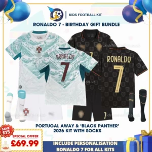 Portugal away and black panther edition kids kits 2026-over view-RONALDO 7-with socks