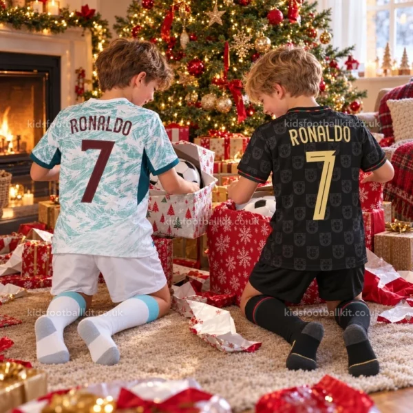 Portugal away and black panther edition kids kits 2026-over view-RONALDO 7-with socks-image