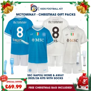 SSC Napoli Gift Pack – Home and Away Kids Football Kit 2025 - McTOMINAY 8 (With socks)
