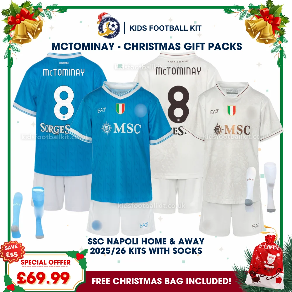 SSC Napoli Gift Pack – Home and Away Kids Football Kit 2025 – McTOMINAY 8 (With socks)