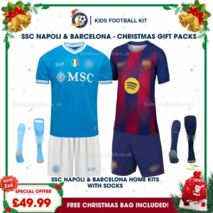 SSC Napoli and Barcelona Gift Pack – Home Kids Football Kit 2025/26 (With socks)