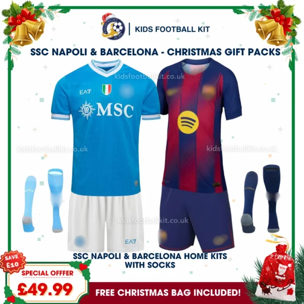 SSC Napoli and Barcelona Gift Pack – Home Kids Football Kit 2025/26 (With socks)