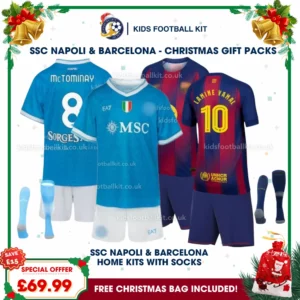 SSC Napoli and Barcelona Gift Pack – Home Kids Football Kit 2025/26 - McTOMINAY 8 and LAMINE YAMAL 10 (With socks)