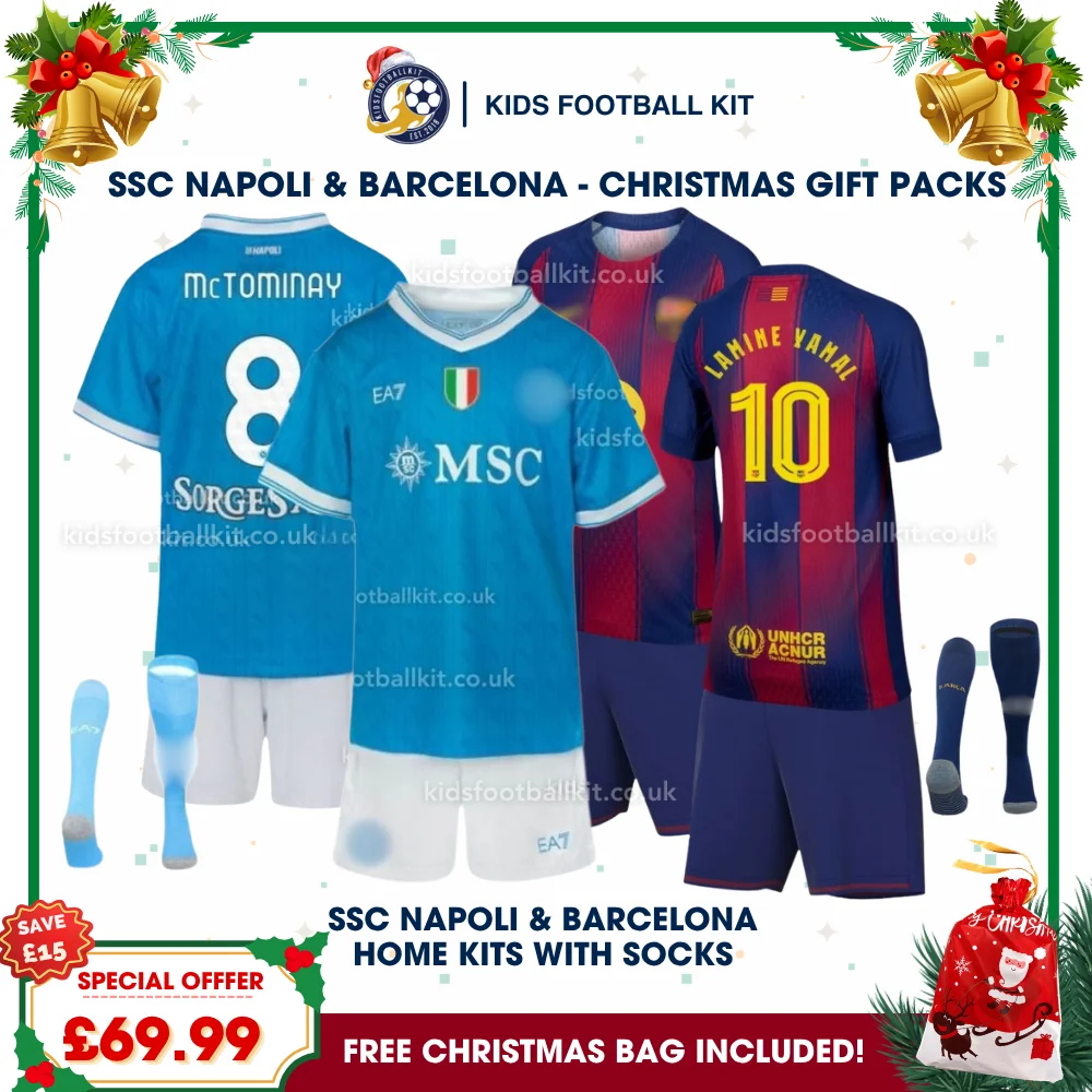 SSC Napoli and Barcelona Gift Pack – Home Kids Football Kit 2025/26 – McTOMINAY 8 and LAMINE YAMAL 10 (With socks)