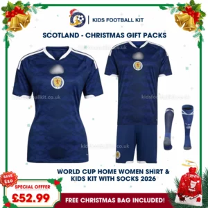 Scotland World Cup 2026 Gift Pack – Home Mum Shirt and Son Kids Football Kit (With socks)