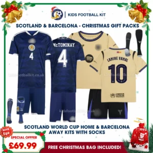 Scotland World Cup 2026 and Barcelona Gift Pack – Home and Away Kids Football Kit- McTOMINAY 4 and LAMINE YAMAL 10 (With socks)