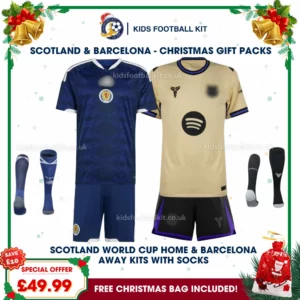 Scotland World Cup 2026 and Barcelona Gift Pack – Home and Away Kids Football Kit (With socks)