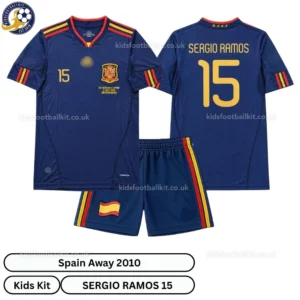 Spain Away Kids Kit 2010-over view-SERGIO RAMOS 15-no socks