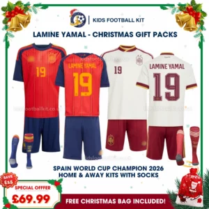 Spain World Cup Champions 2026 Gift Pack – Home and Away Kids Football Kit – LAMINE YAMAL 19 (With Socks)-(1)