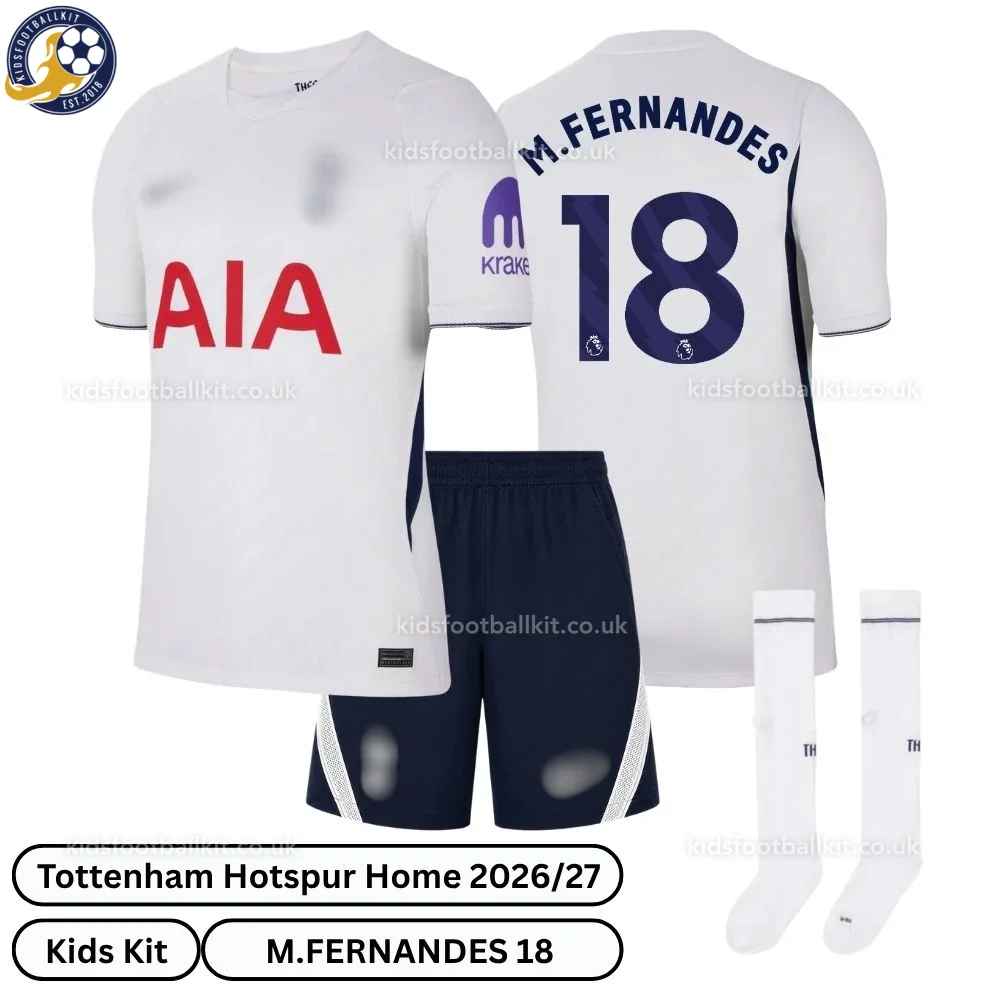 Tottenham Hotspur Home Kids Football Kit 2026/27 – M.FERNANDES 18 (With socks)