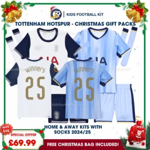 Tottenham Hotspur Gift Pack – Home & Away Kids Football Kit 2024/25 – WINNERS 25 (With Socks)