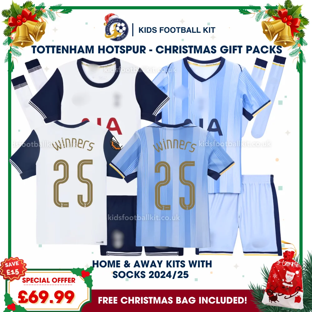 Tottenham Hotspur Gift Pack – Home & Away Kids Football Kit 2024/25 – WINNERS 25 (With Socks)