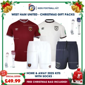 West Ham United Gift Pack – Home and Away Kids Football Kit 2025/26 (With socks)