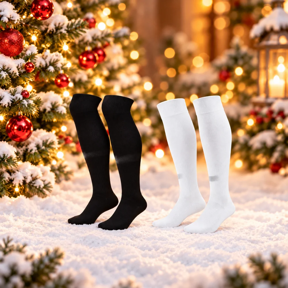 Two pairs of football socks, one black and one white