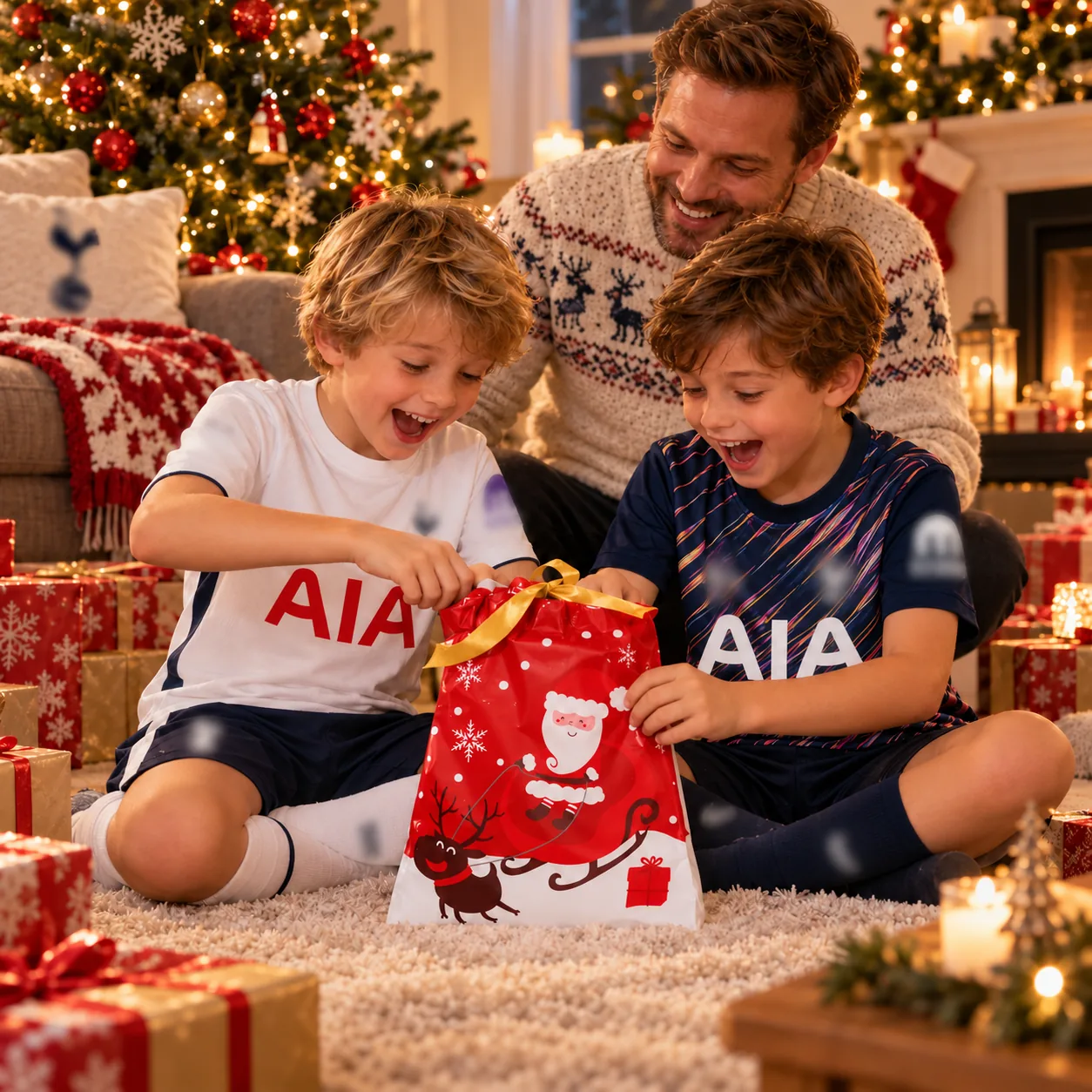 Family unwrapping a kids football kit gift at Christmas