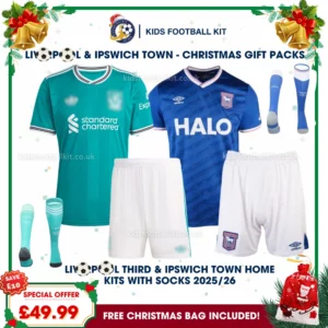 Lvr^_^pooI & Ipswich Town Gift Pack– Third & Home Kids Football Kit 2025/26 (With socks)